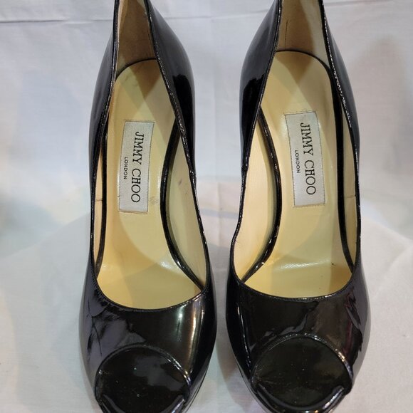 JIMMY CHOO - Patent Leather Peep Toe Heels - Picture 1 of 5
